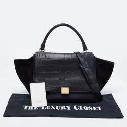 Pre Owned Celine Black Croc Embossed, Leather and Suede Medium Trapeze Bag