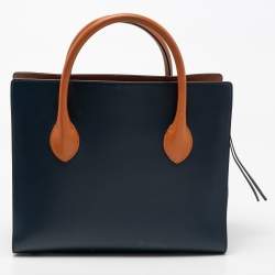 Pre Owned Celine Navy Blue/Tan Brown Leather Boxy Tote