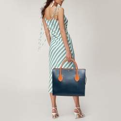 Pre Owned Celine Navy Blue/Tan Brown Leather Boxy Tote