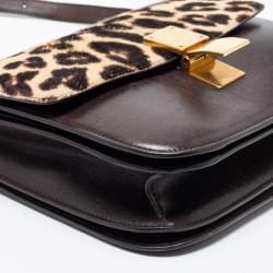 Pre Owned Celine Brown Leopard Print Leather and Calfhair Medium Classic Box Shoulder Bag