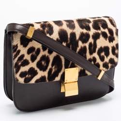 Pre Owned Celine Brown Leopard Print Leather and Calfhair Medium Classic Box Shoulder Bag