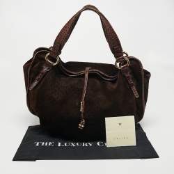 Celine Brown Macadam Suede And Croc Embossed Leather Bittersweet Hobo 