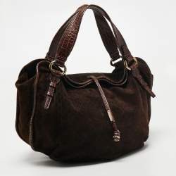 Celine Brown Macadam Suede And Croc Embossed Leather Bittersweet Hobo 