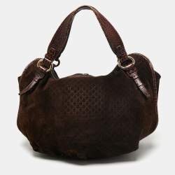 Celine Brown Macadam Suede And Croc Embossed Leather Bittersweet Hobo 