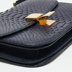 Pre Owned Celine Navy Blue Python Medium Classic Box Shoulder Bag