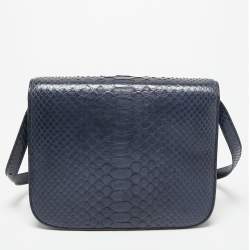 Pre Owned Celine Navy Blue Python Medium Classic Box Shoulder Bag