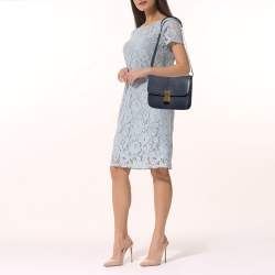 Pre Owned Celine Navy Blue Python Medium Classic Box Shoulder Bag