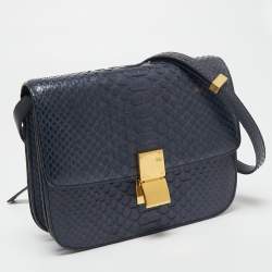 Pre Owned Celine Navy Blue Python Medium Classic Box Shoulder Bag