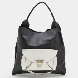 Pre Owned Celine Black/White Leather Front Pocket Medium Shopper Shoulder Bag