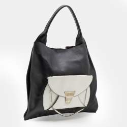 Pre Owned Celine Black/White Leather Front Pocket Medium Shopper Shoulder Bag