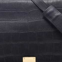 Pre Owned Celine Black Croc Embossed Leather and Suede Medium Trapeze Bag