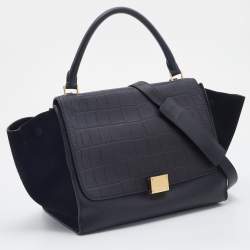 Pre Owned Celine Black Croc Embossed Leather and Suede Medium Trapeze Bag