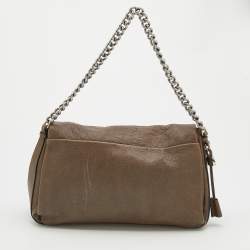 Pre Owned Celine Dark Beige Pebbled Leather Turnlock Flap Chain Shoulder Bag