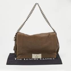 Pre Owned Celine Dark Beige Pebbled Leather Turnlock Flap Chain Shoulder Bag