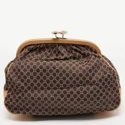 Pre Owned Celine Dark Brown/Beige Macadam Canvas and Leather Frame Clutch