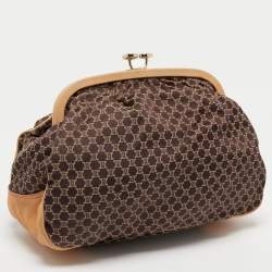 Pre Owned Celine Dark Brown/Beige Macadam Canvas and Leather Frame Clutch