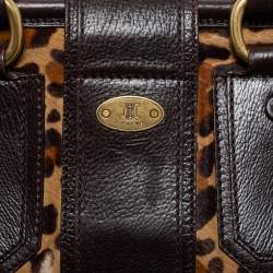 Pre Owned Celine Dark Brown Leopard Print Calfhair and Leather Buckle Flap Satchel