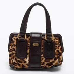Pre Owned Celine Dark Brown Leopard Print Calfhair and Leather Buckle Flap Satchel