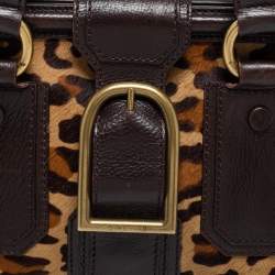 Pre Owned Celine Dark Brown Leopard Print Calfhair and Leather Buckle Flap Satchel
