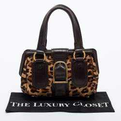 Pre Owned Celine Dark Brown Leopard Print Calfhair and Leather Buckle Flap Satchel