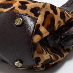 Pre Owned Celine Dark Brown Leopard Print Calfhair and Leather Buckle Flap Satchel