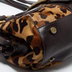 Pre Owned Celine Dark Brown Leopard Print Calfhair and Leather Buckle Flap Satchel