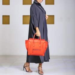 Pre Owned Celine Neon Orange Leather Mini Luggage Tote