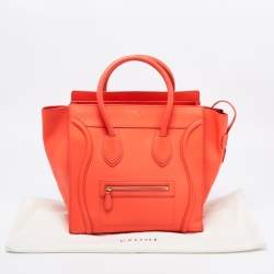 Pre Owned Celine Neon Orange Leather Mini Luggage Tote