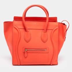 Pre Owned Celine Neon Orange Leather Mini Luggage Tote