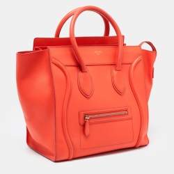 Pre Owned Celine Neon Orange Leather Mini Luggage Tote
