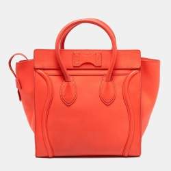 Pre Owned Celine Neon Orange Leather Mini Luggage Tote