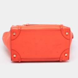 Pre Owned Celine Neon Orange Leather Mini Luggage Tote