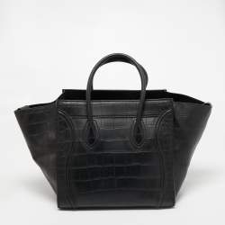 Pre Owned Celine Black Croc Embossed Leather Medium Phantom Luggage Tote