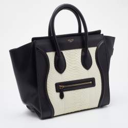 Pre Owned Celine White/Black Python and Leather Mini Luggage Tote