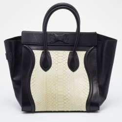 Pre Owned Celine White/Black Python and Leather Mini Luggage Tote