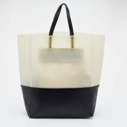 Pre Owned Celine Cream/Black Leather and Vinyl Vertical Cabas Tote