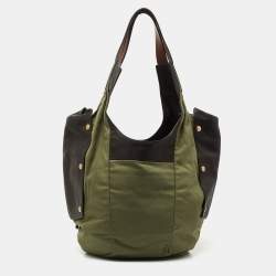 Pre Owned Celine Green/Black Canvas and Leather Shoulder Bag