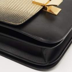 Pre Owned Celine Black/Yellow Lizard and Leather Medium Classic Box Bag
