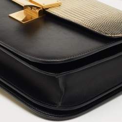 Pre Owned Celine Black/Yellow Lizard and Leather Medium Classic Box Bag