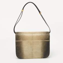 Pre Owned Celine Black/Yellow Lizard and Leather Medium Classic Box Bag