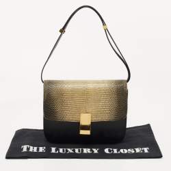 Pre Owned Celine Black/Yellow Lizard and Leather Medium Classic Box Bag