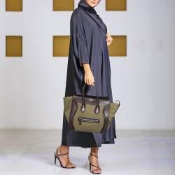 Pre Owned Celine Khaki Green/Brown Canvas and Leather Mini Luggage Tote