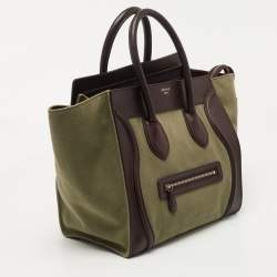 Pre Owned Celine Khaki Green/Brown Canvas and Leather Mini Luggage Tote