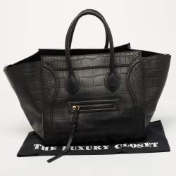 Pre Owned Celine Black Croc Embossed Leather Medium Phantom Luggage Tote