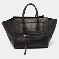 Pre Owned Celine Black Croc Embossed Leather Medium Phantom Luggage Tote