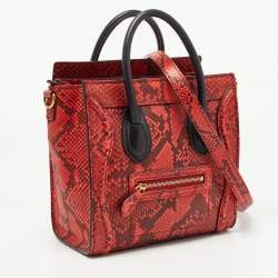 Pre Owned Celine Red/Black Python and Leather Nano  Luggage Tote