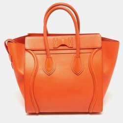 Pre Owned Celine Orange Leather Mini Luggage Tote