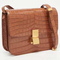 مملوكة مسبقًا Celine Brown Glossy Crocodile Medium Classic Box Shoulder Bag