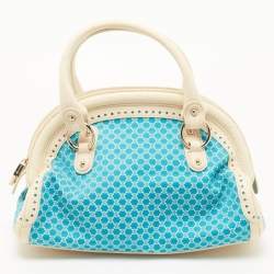 Pre Owned Celine Cream/Blue Macadam Canvas and Leather Dome Satchel