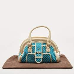 Pre Owned Celine Cream/Blue Macadam Canvas and Leather Dome Satchel
